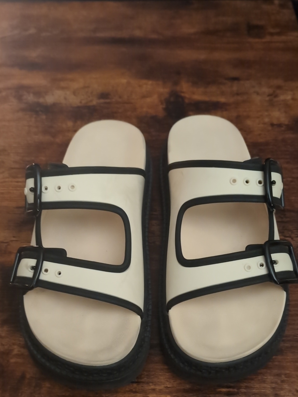 Coach Cream & Black Double-Buckle Slide Sandals